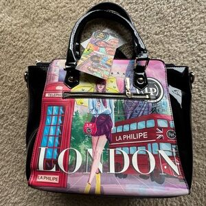 London Graphic Patent Tote Bag - Black & Multi New with tags & dust bag !